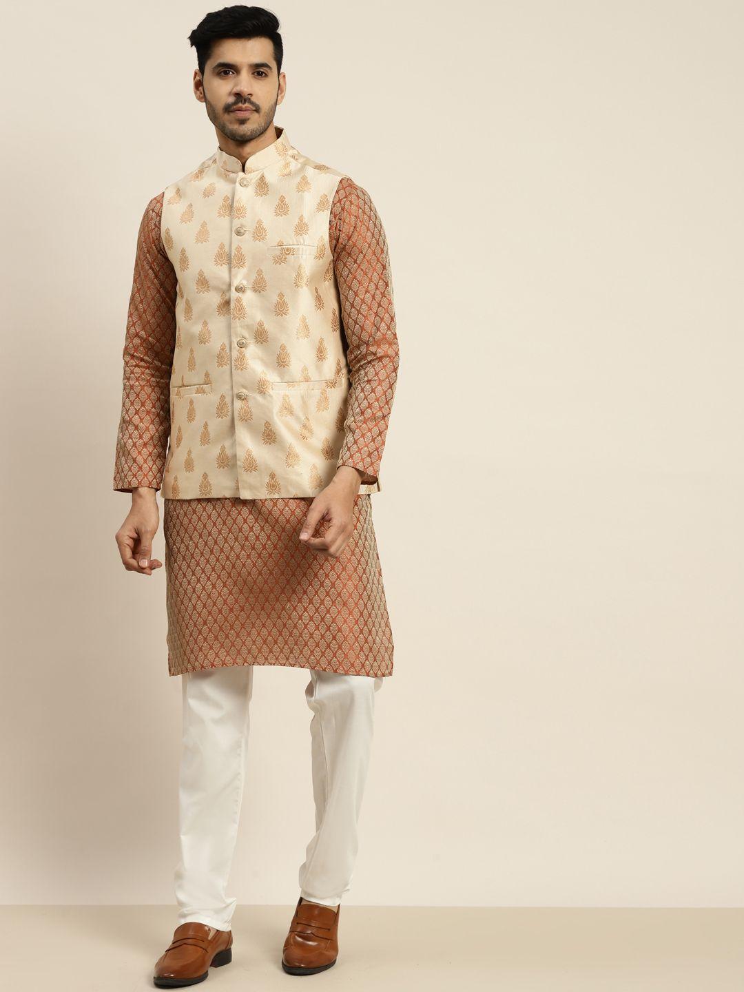 sojanya men rust ethnic motifs kurta with pyjamas & nehru jacket