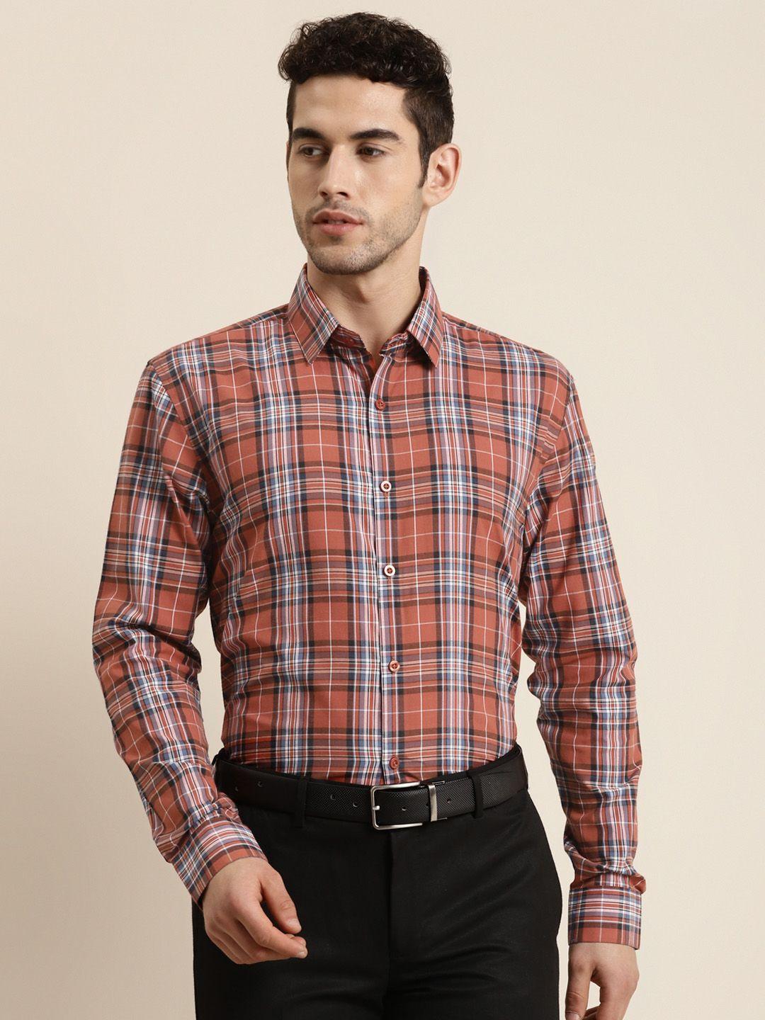 sojanya men rust orange & blue classic regular fit checked pure cotton formal shirt
