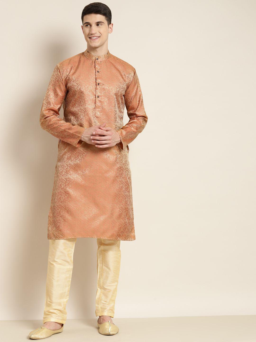 sojanya men rust orange & gold-toned jacquard silk kurta