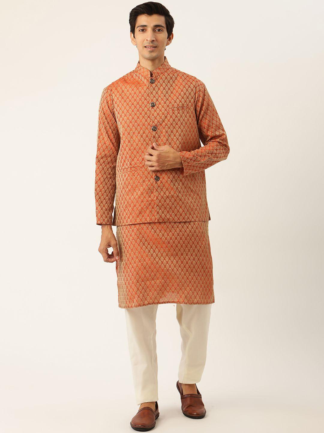 sojanya men rust orange & off-white jacquard kurta with churidar & nehru jacket