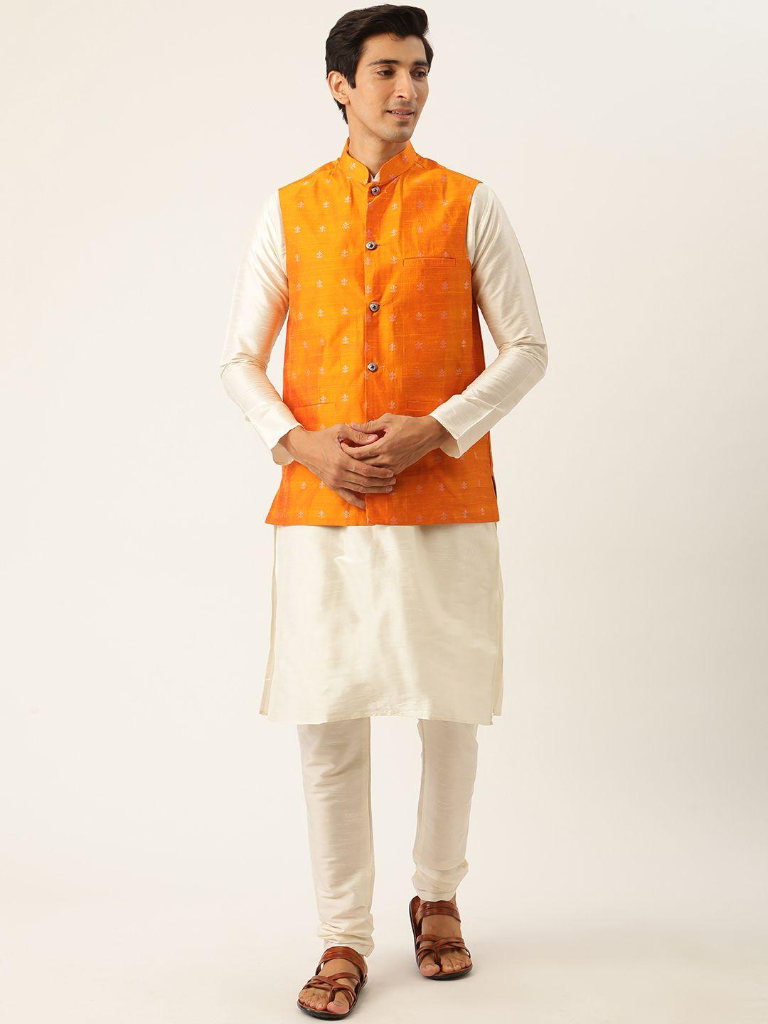 sojanya men rust orange & off white motifs jacquard kurta & churidar with nehru jacket