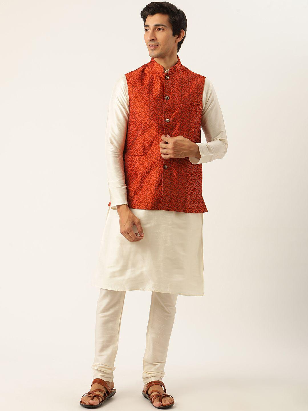 sojanya men rust red & off white ethnic motifs jacquard kurta & churidar with nehru jacket