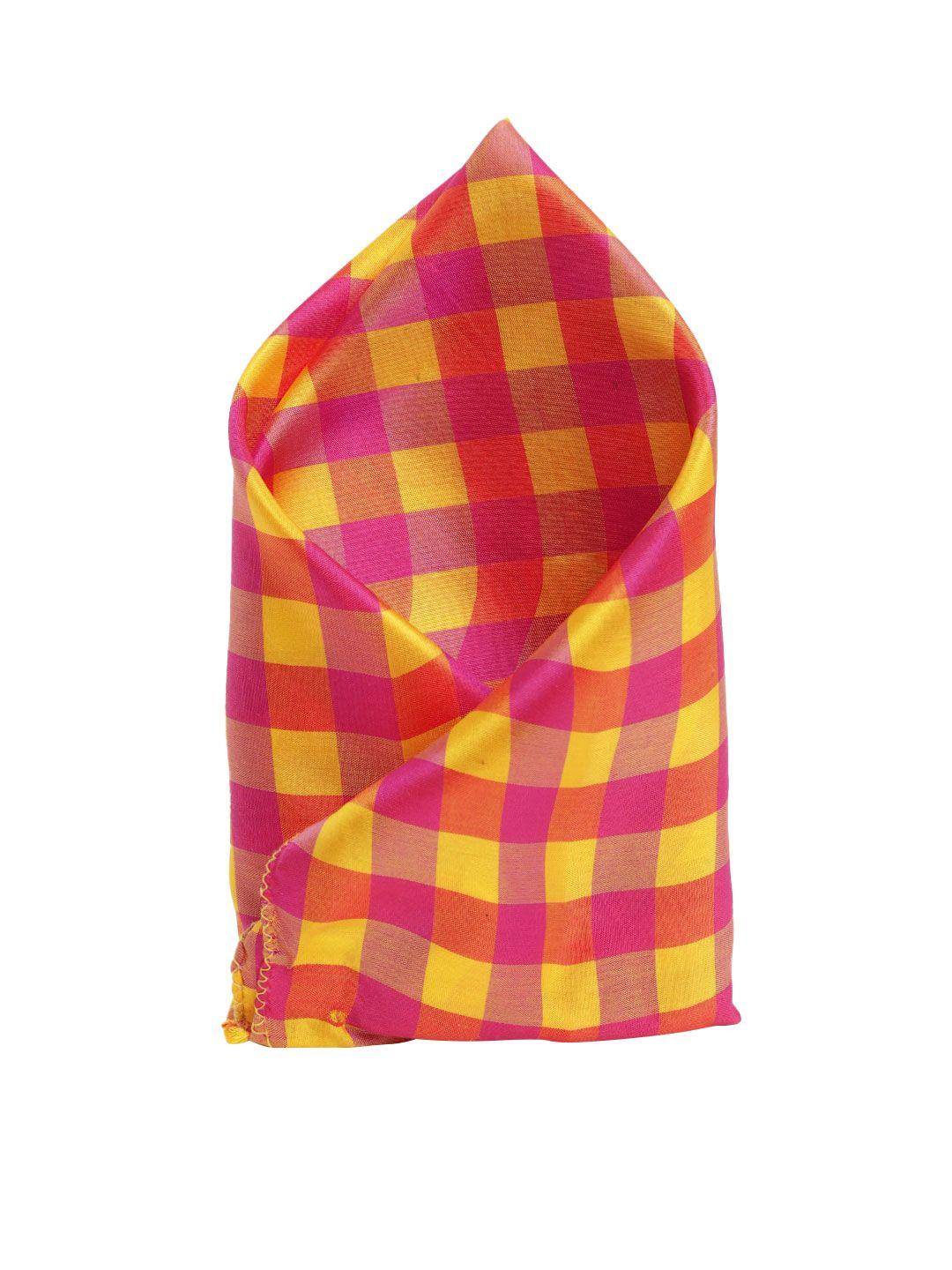 sojanya men satin yellow & pink checkered pocket square