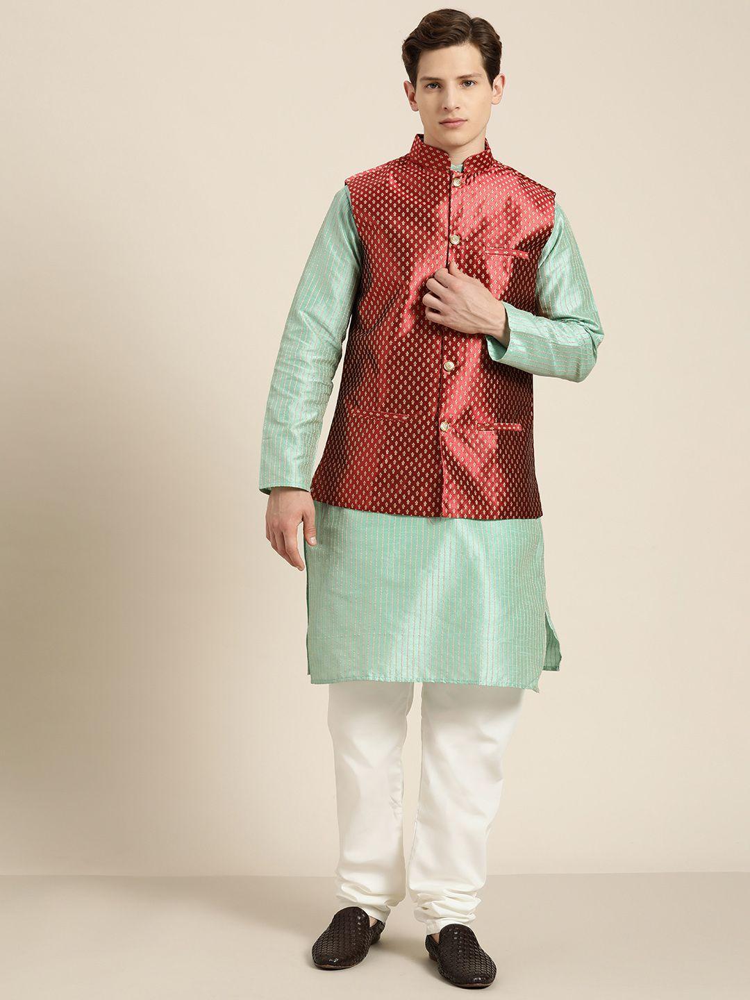 sojanya men sea green & beige striped thread work straight kurta churidar & nehru jacket