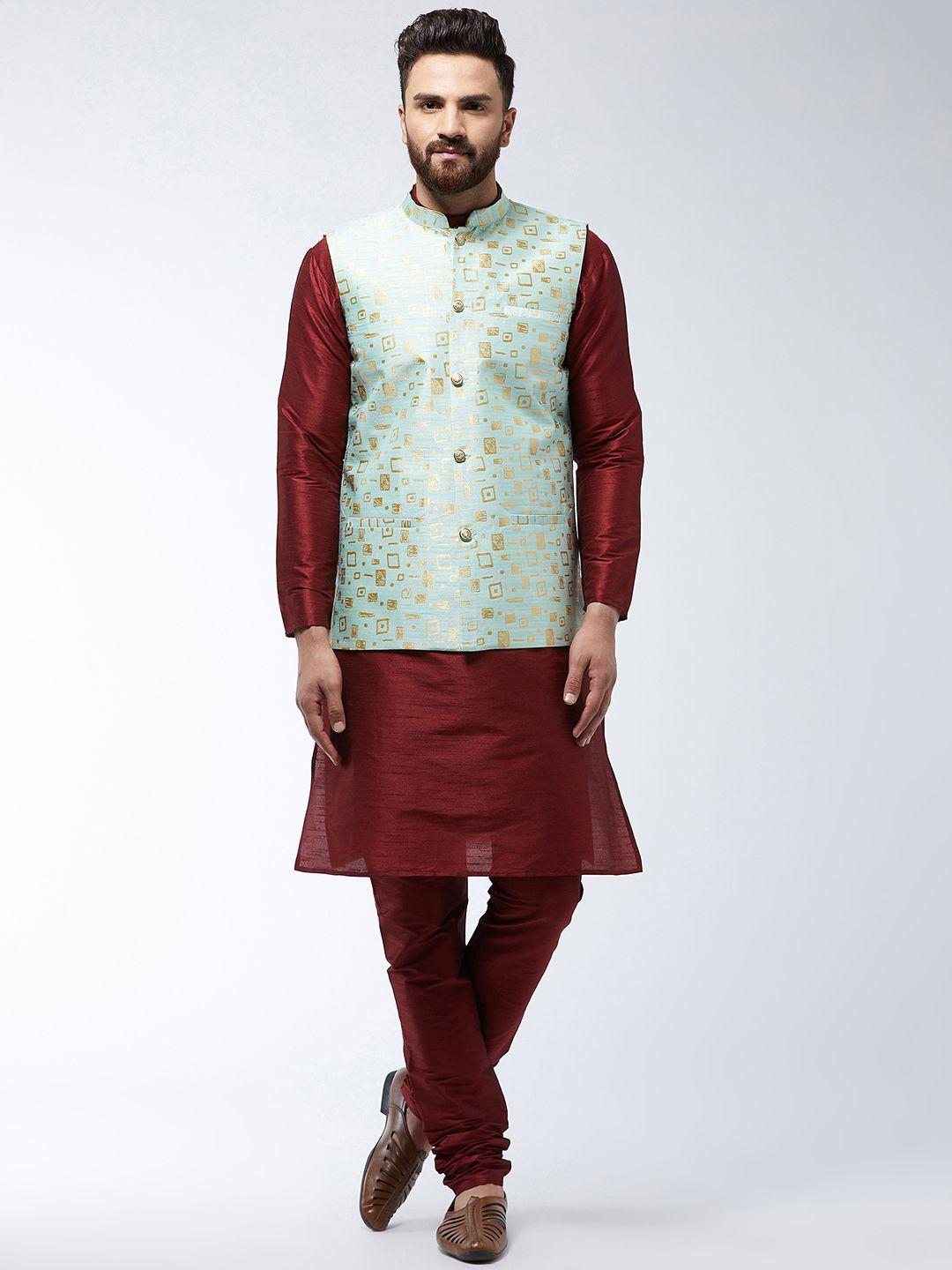 sojanya men sea green & maroon solid kurta set & nehru jacket