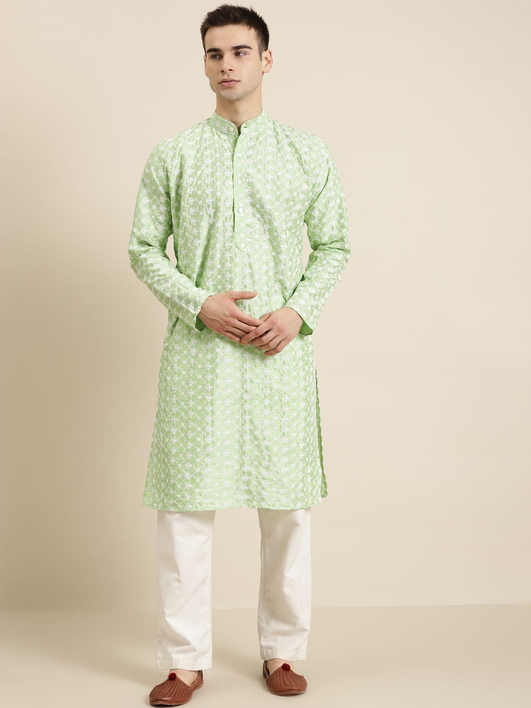 sojanya men sea green & white ethnic motifs embroidered straight kurta