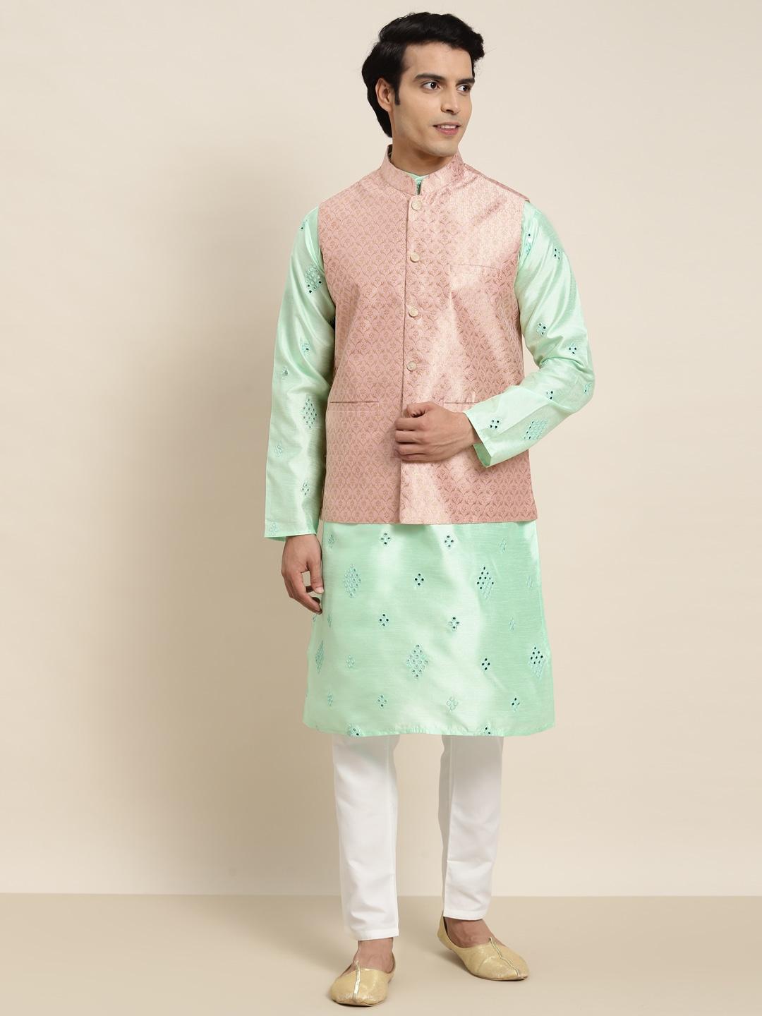 sojanya men sea green embroidered mirror work kurta with pyjamas & nehru jacket