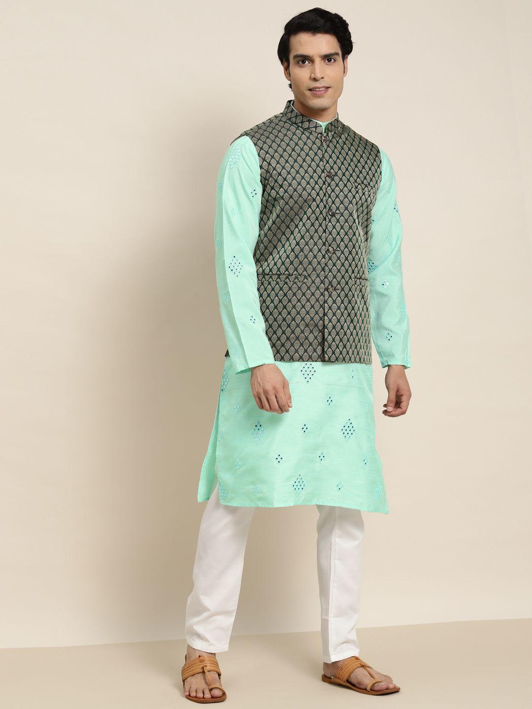 sojanya men sea green embroidered mirror work kurta with pyjamas with nehru jacket