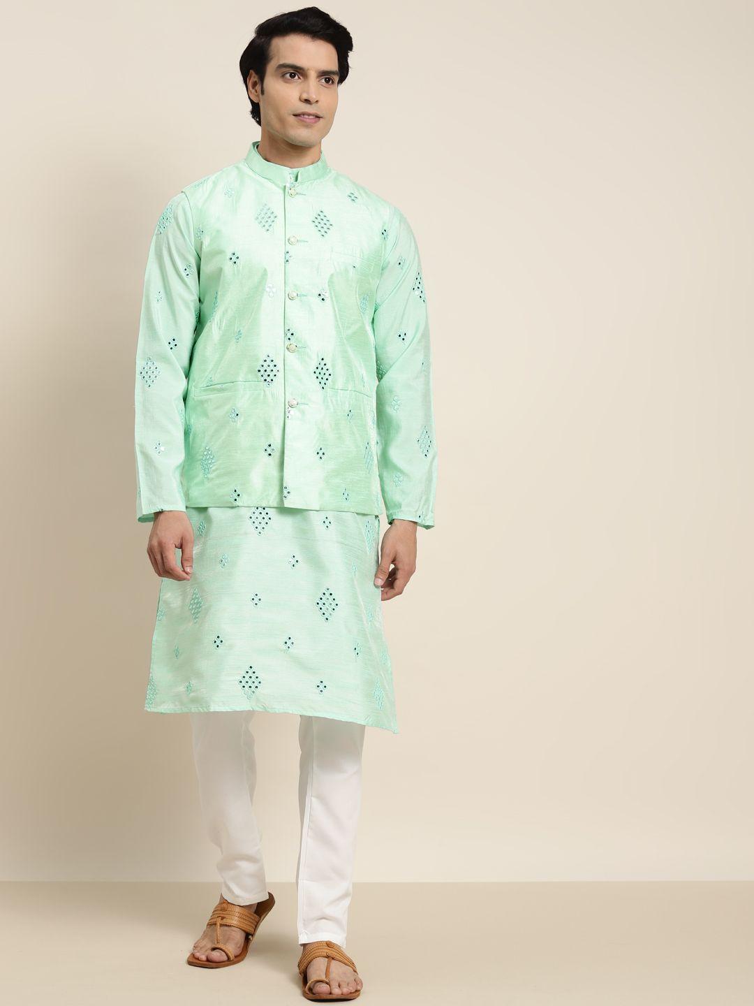 sojanya men sea green embroidered mirror work kurta with pyjamas with nehru jacket