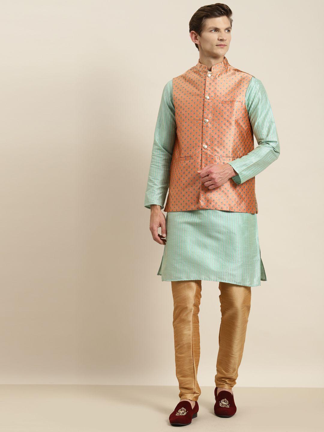 sojanya men sea green striped kurta with churidar & nehru jacket