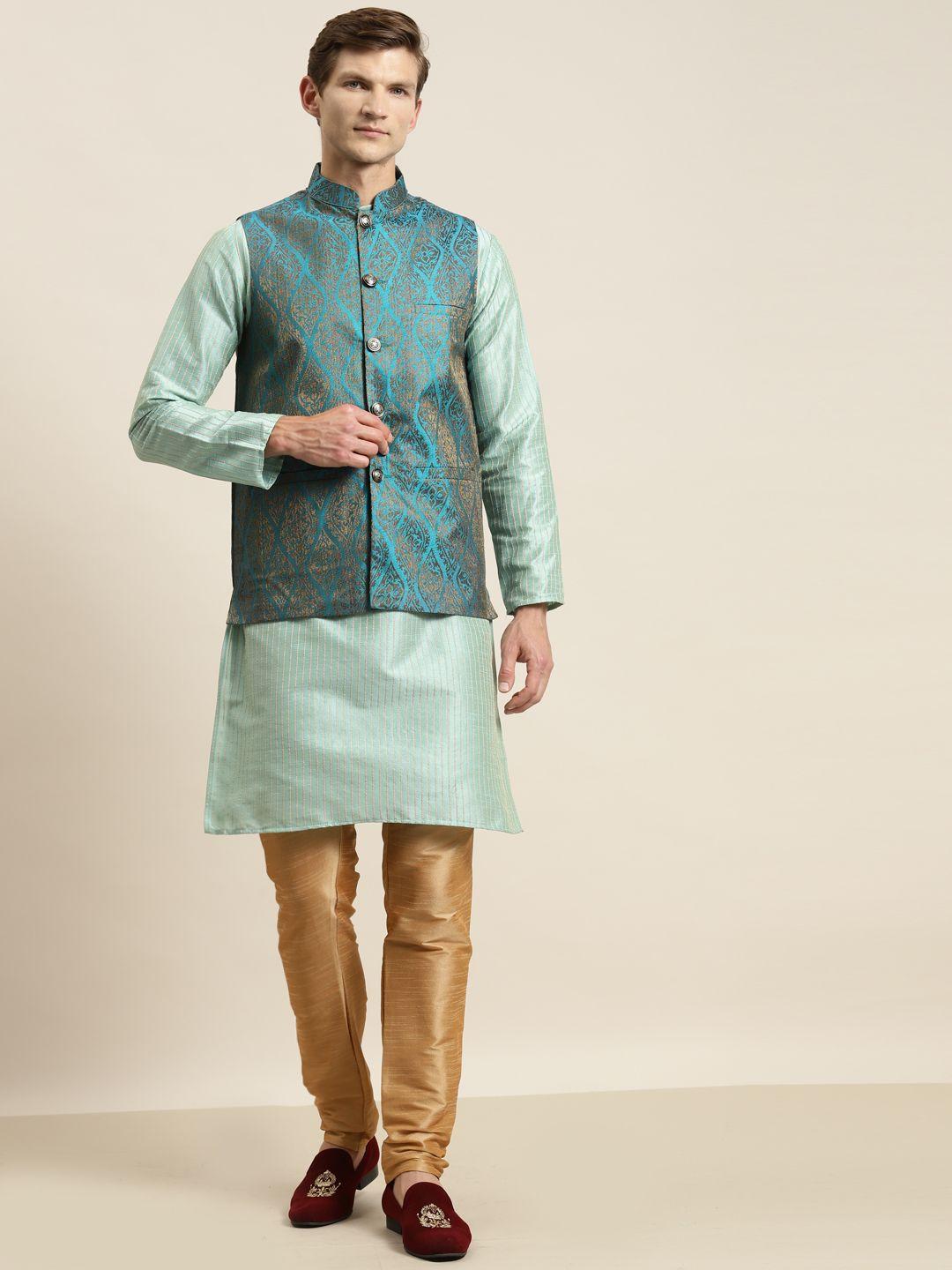 sojanya men sea green striped kurta with churidar & nehru jacket