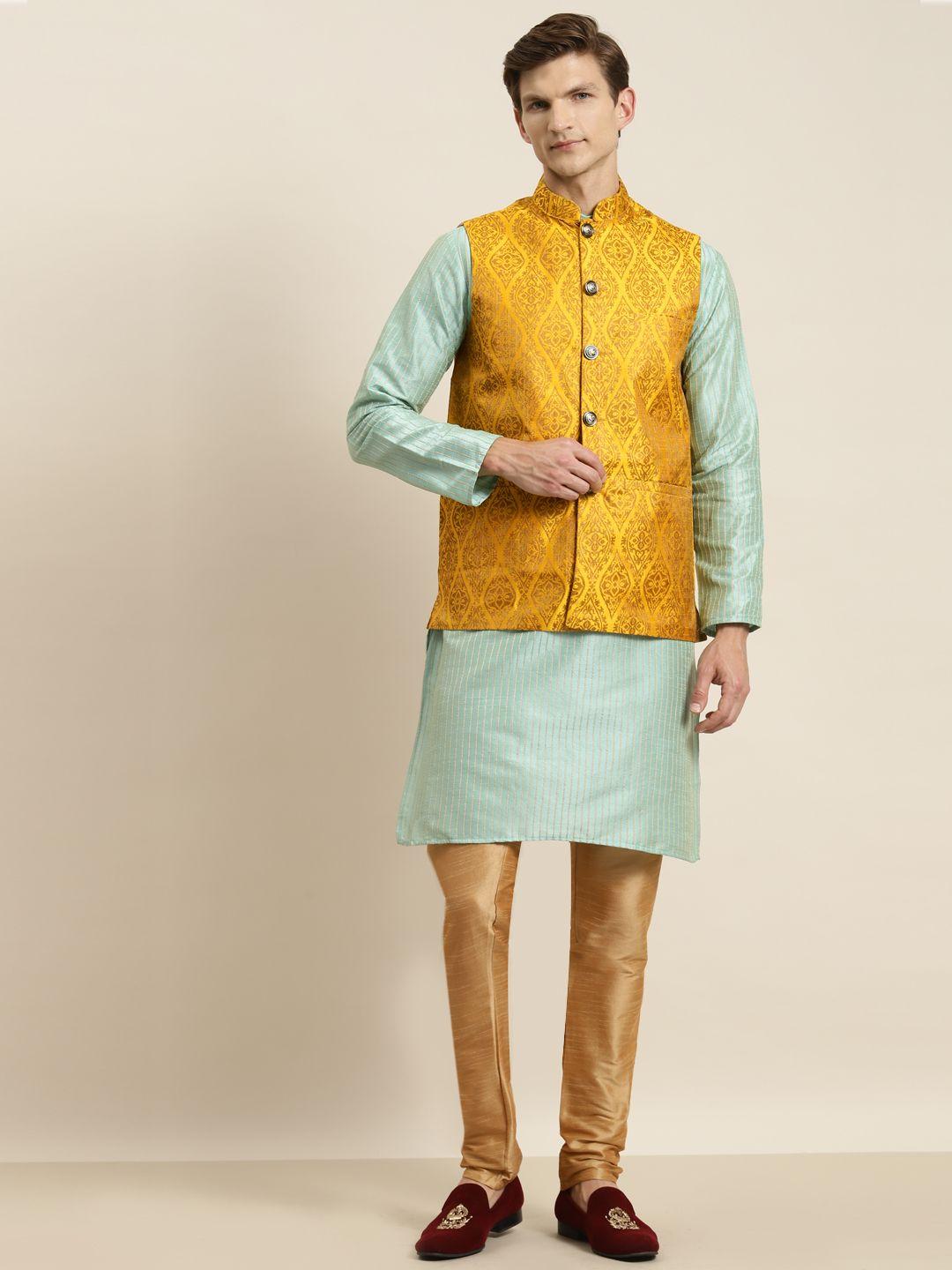 sojanya men sea green striped kurta with churidar & nehru jacket
