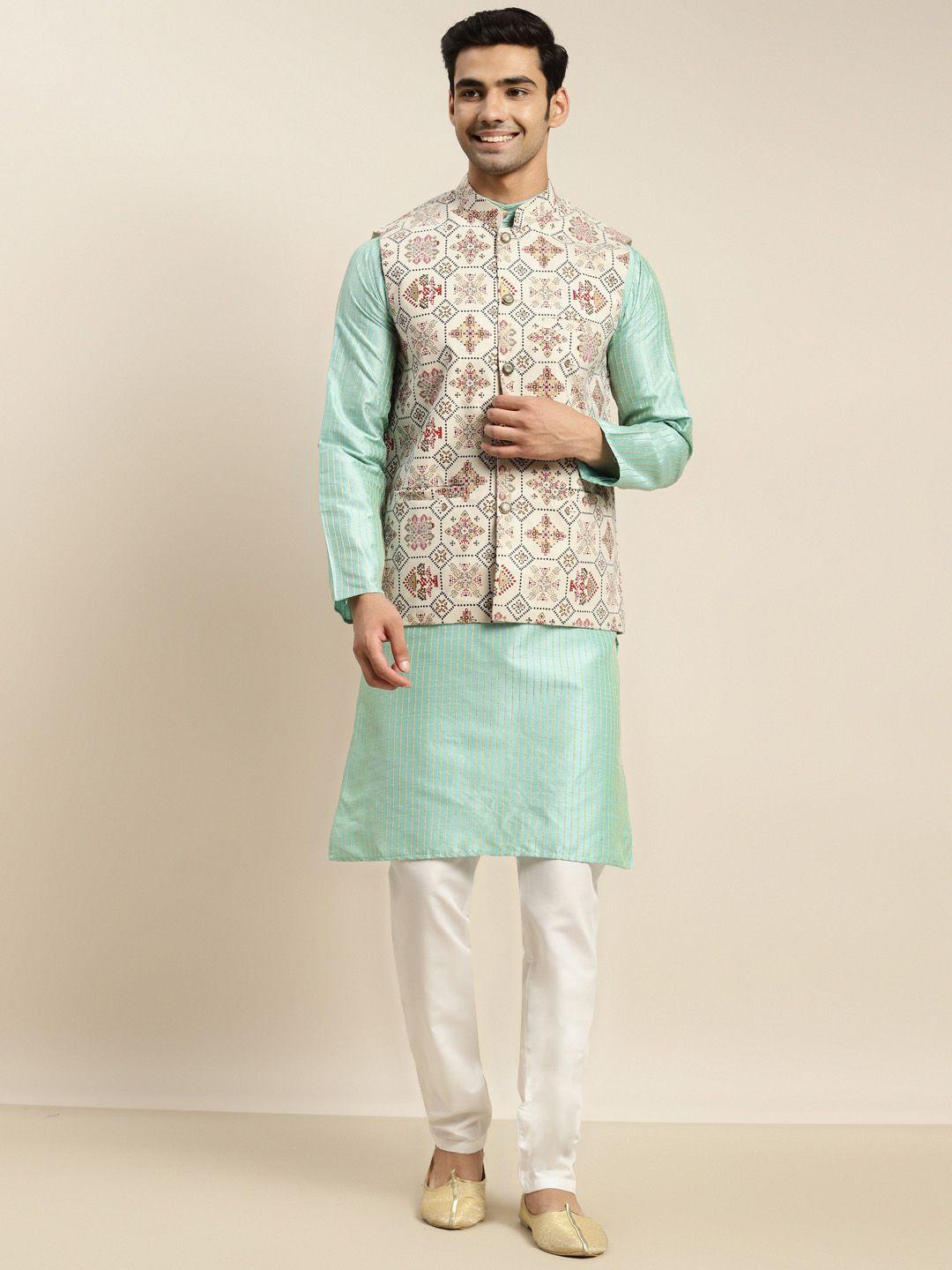 sojanya men sea green striped kurta with churidar & nehru jacket