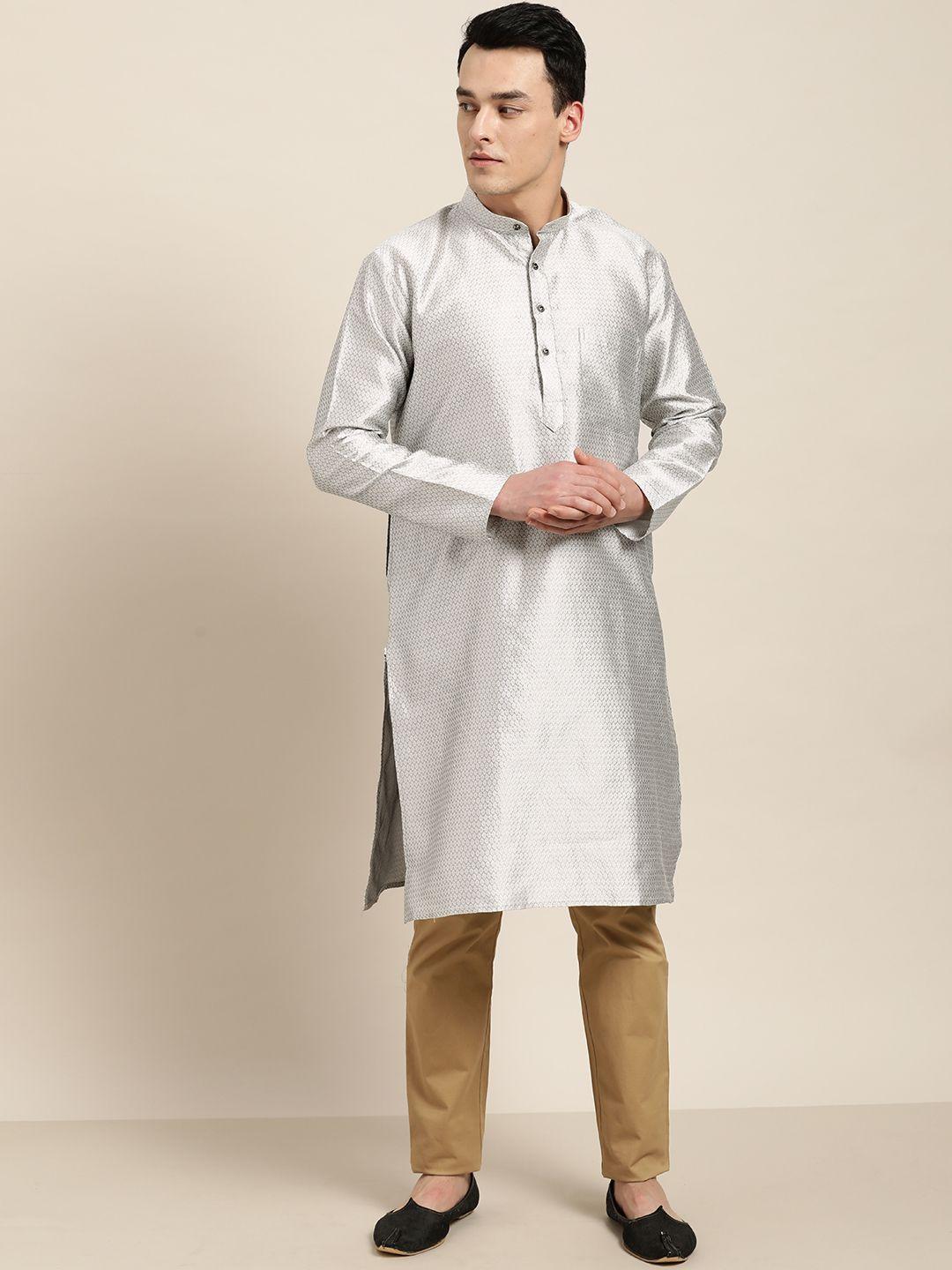 sojanya men silver woven design straight kurta