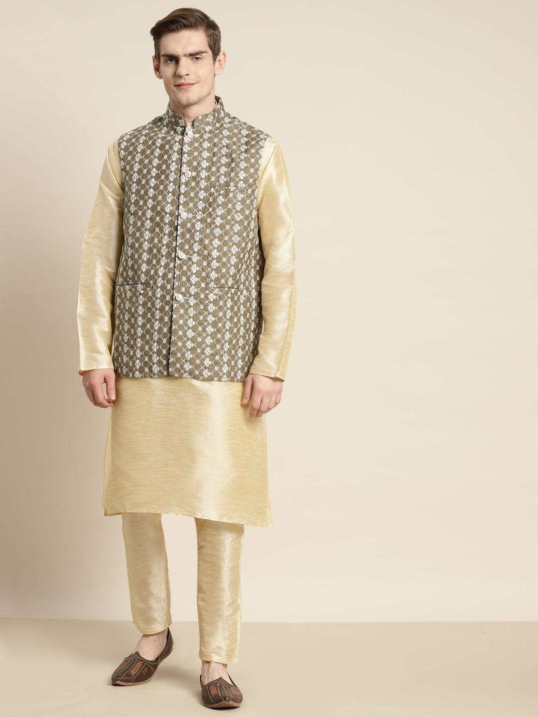 sojanya men solid kurta with churidar & embroidered ethnic motifs nehru jacket