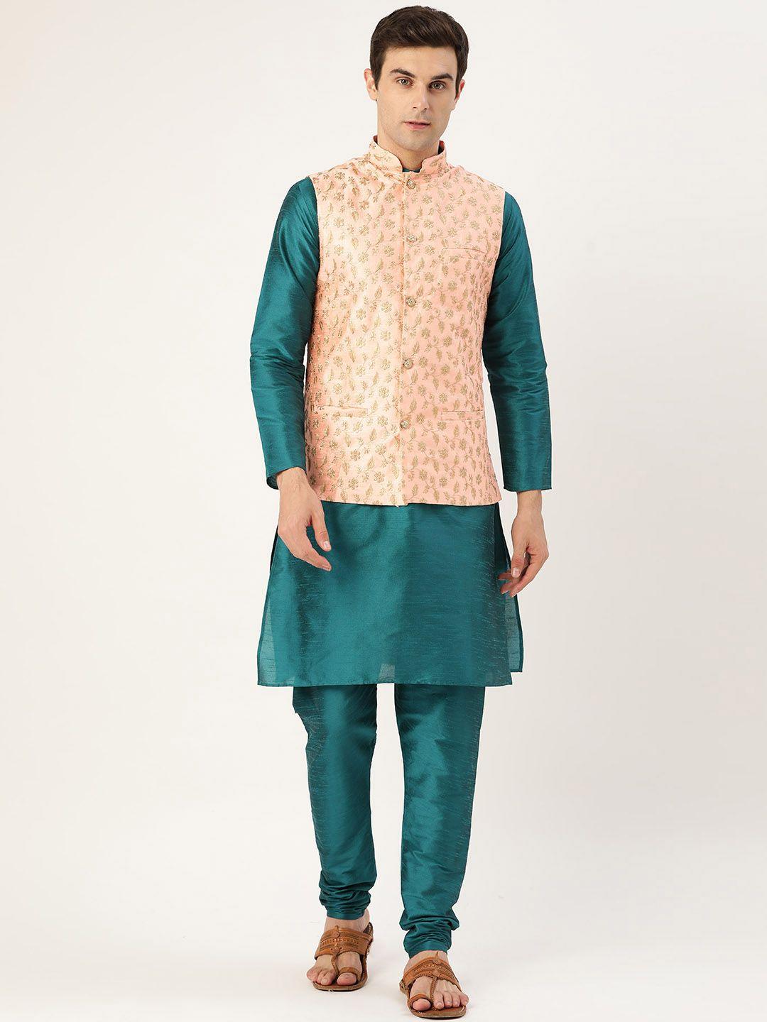 sojanya men teal blue &  peach-coloured  solid kurta churidar & nehru jacket