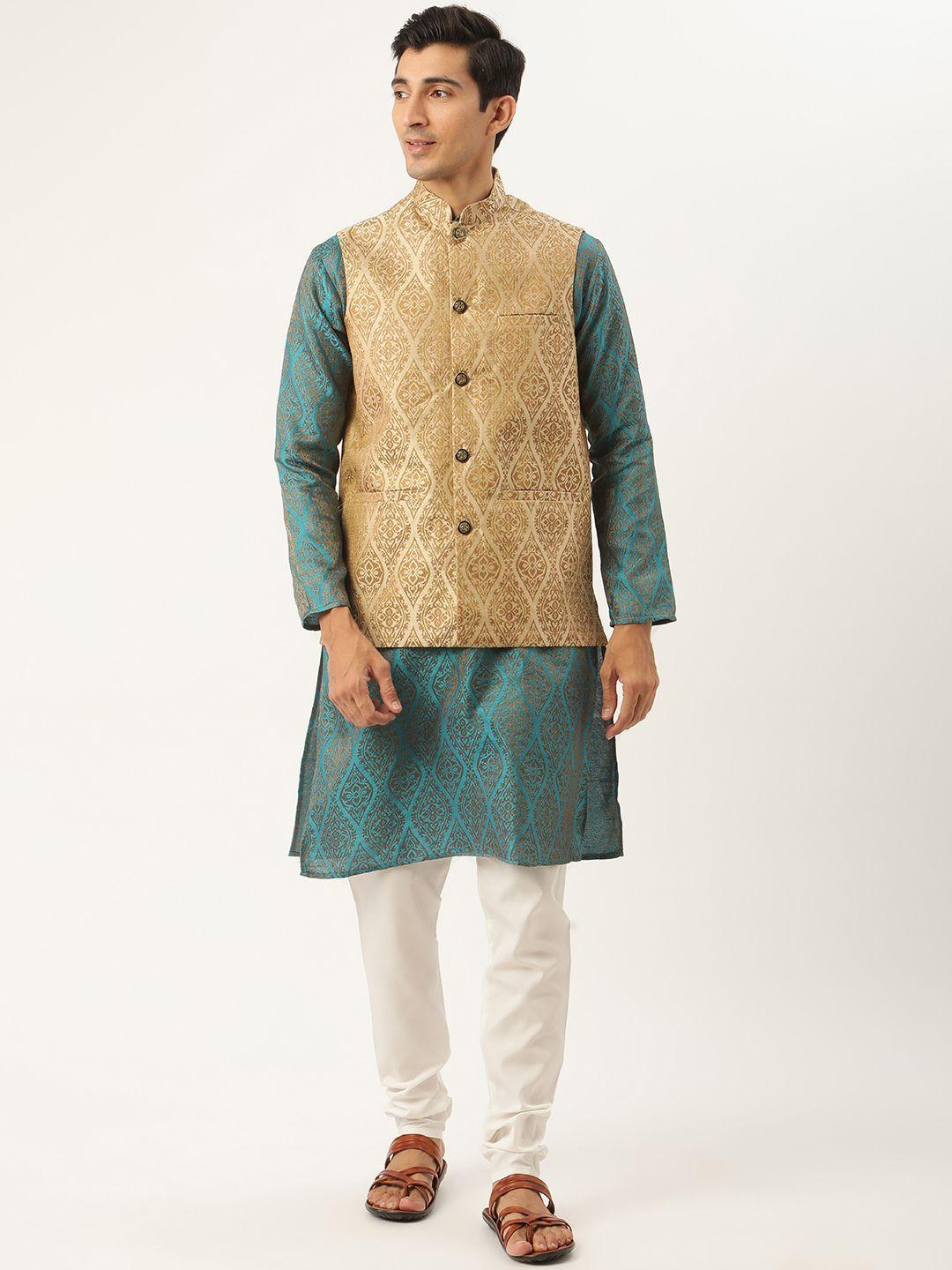 sojanya men teal blue & beige ethnic motifs kurta  with churidar & nehru jacket