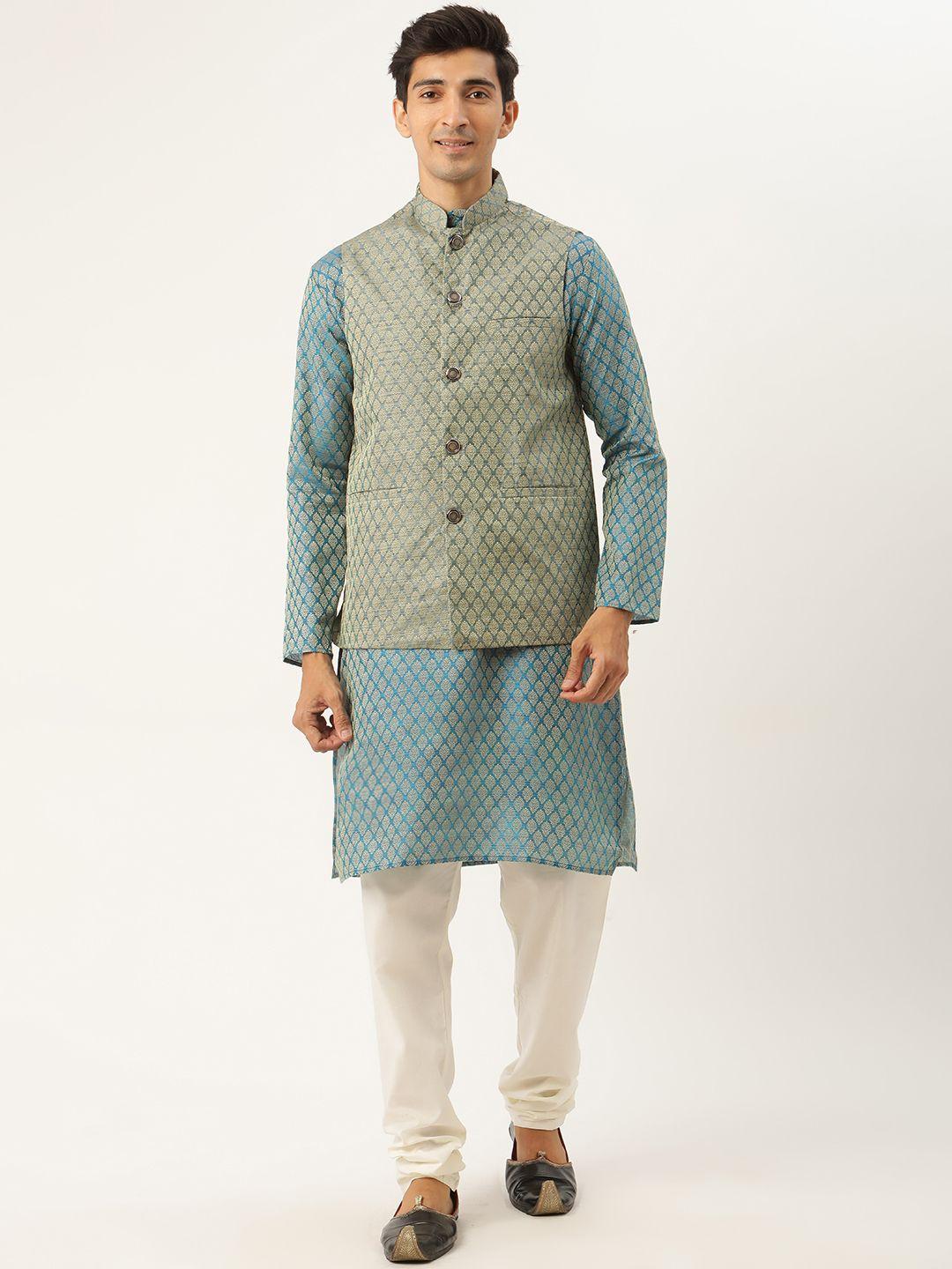 sojanya men teal blue & green ethnic motifs kurta with churidar & nehru jacket