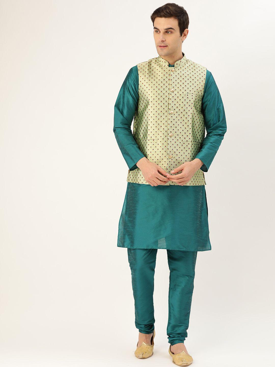 sojanya men teal blue & green solid kurta with churidar & nehru jacket