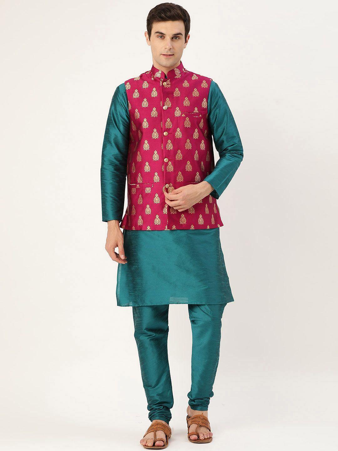 sojanya men teal blue & magenta solid kurta churidar & nehru jacket