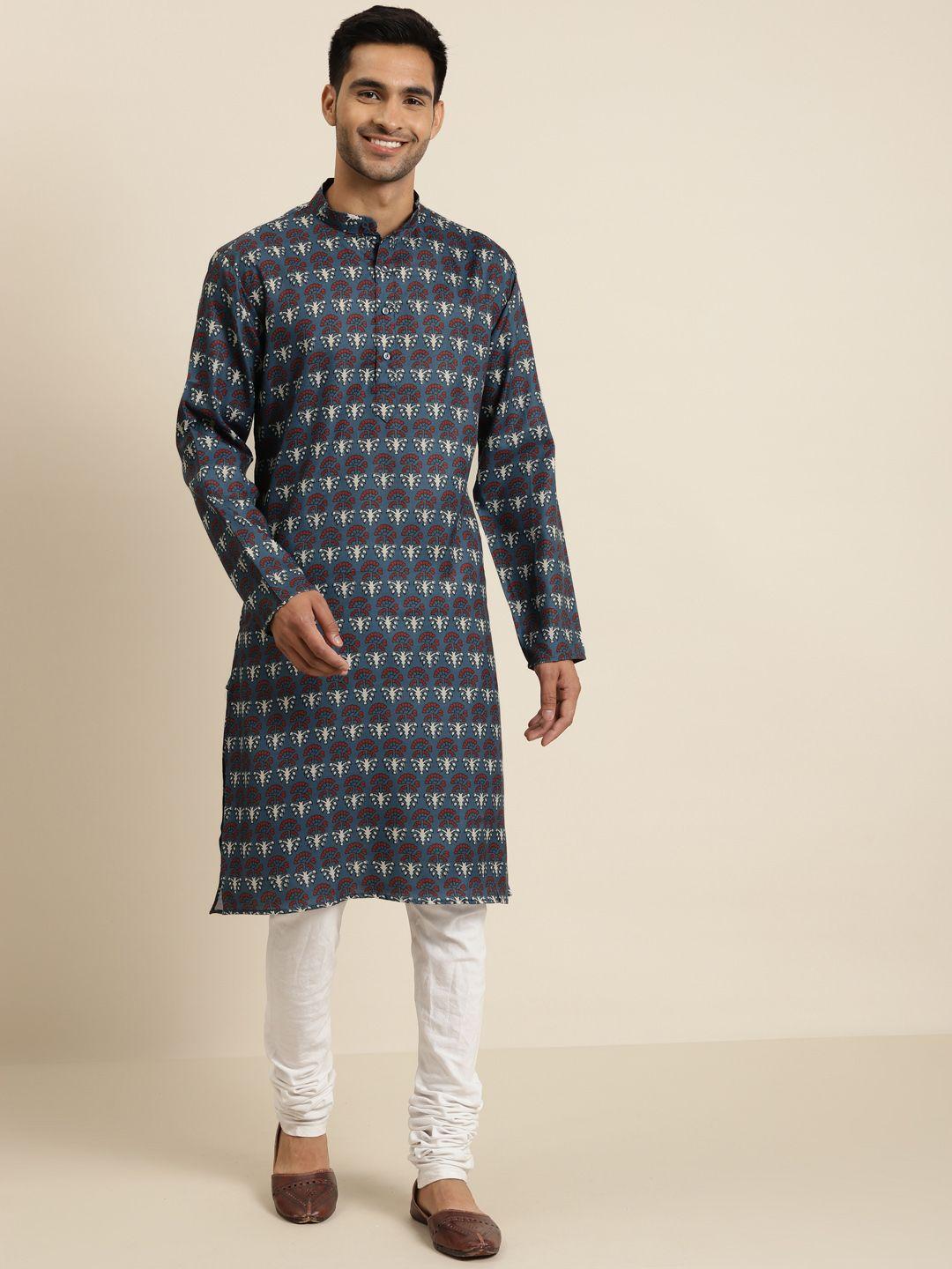 sojanya men teal blue & maroon ethnic motifs printed cotton straight kurta