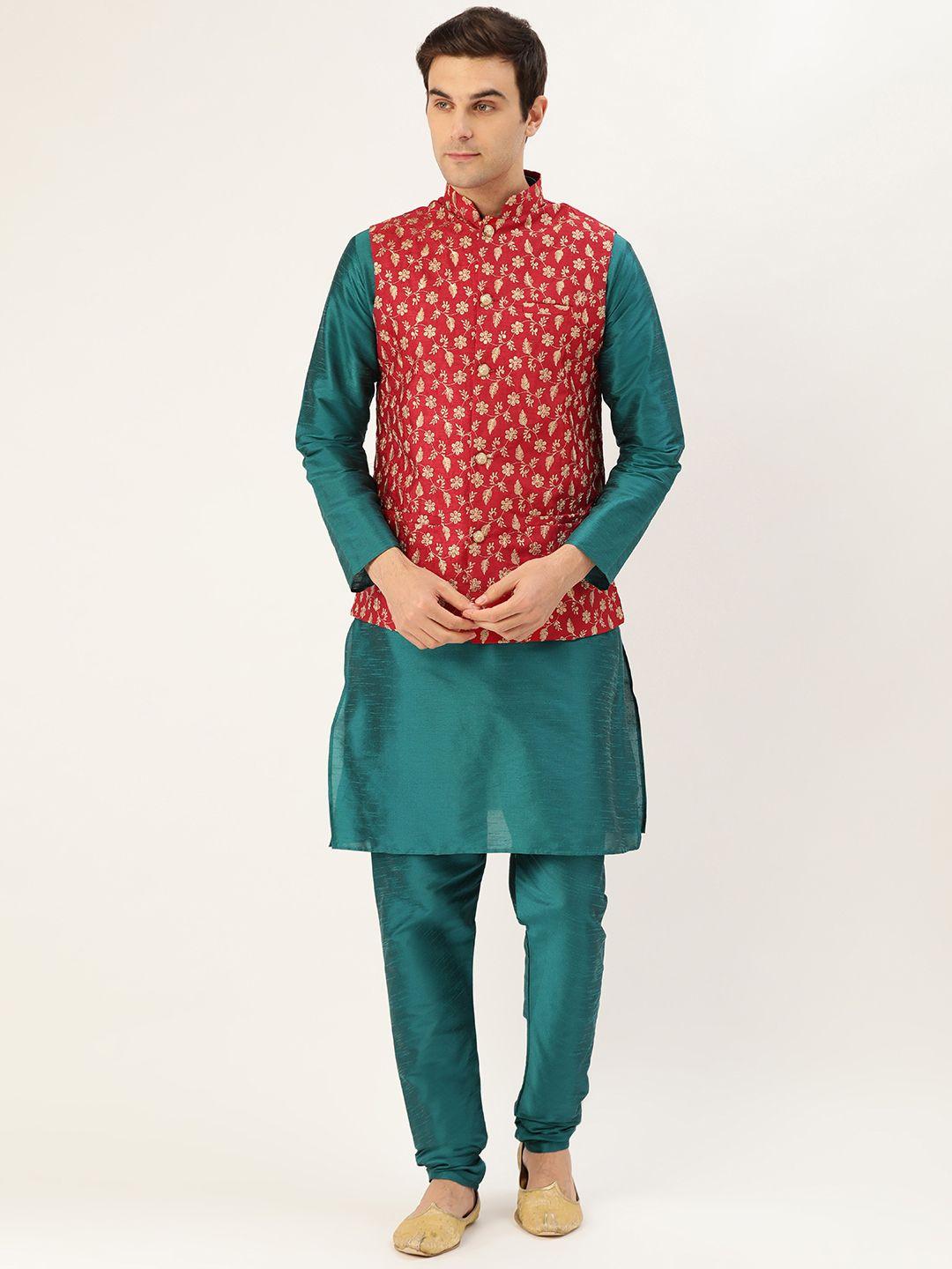 sojanya men teal blue & maroon solid kurta with churidar & nehru jacket