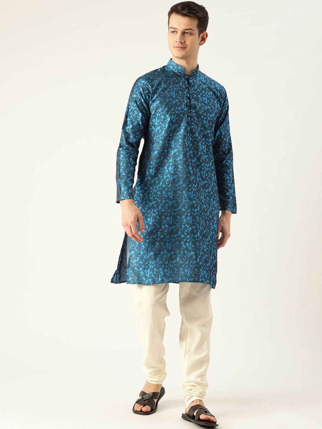 sojanya men teal blue & off-white woven design kurta with churidar