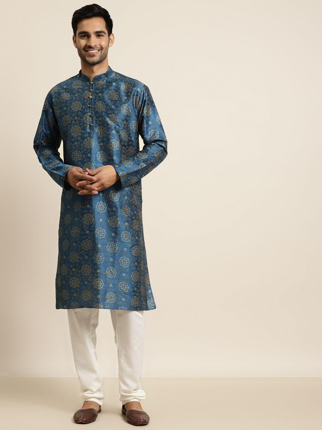 sojanya men teal blue & white ethnic motifs printed regular kurta with churidar