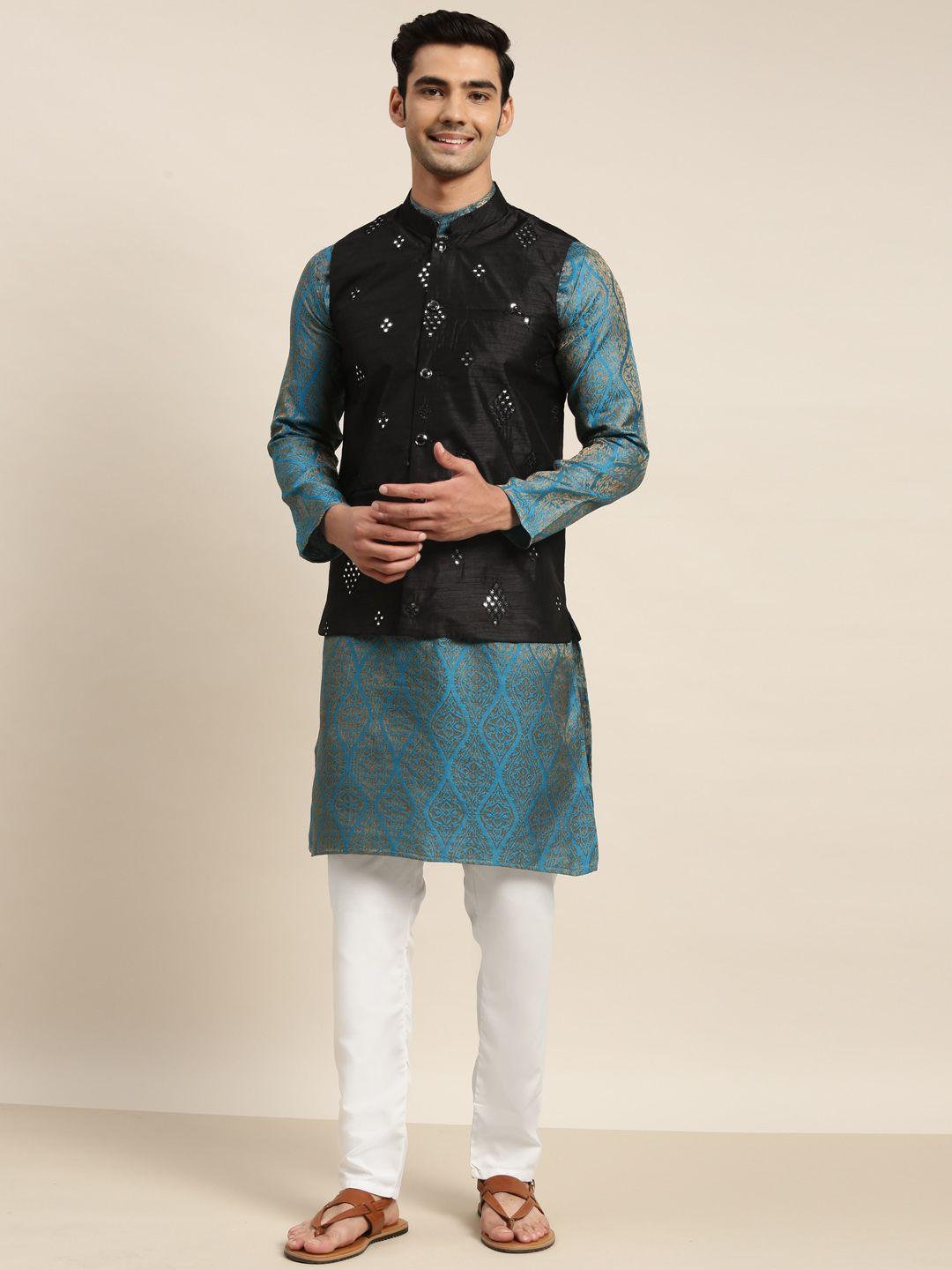 sojanya men teal blue ethnic motifs mirror work kurta with churidar & nehru jacket
