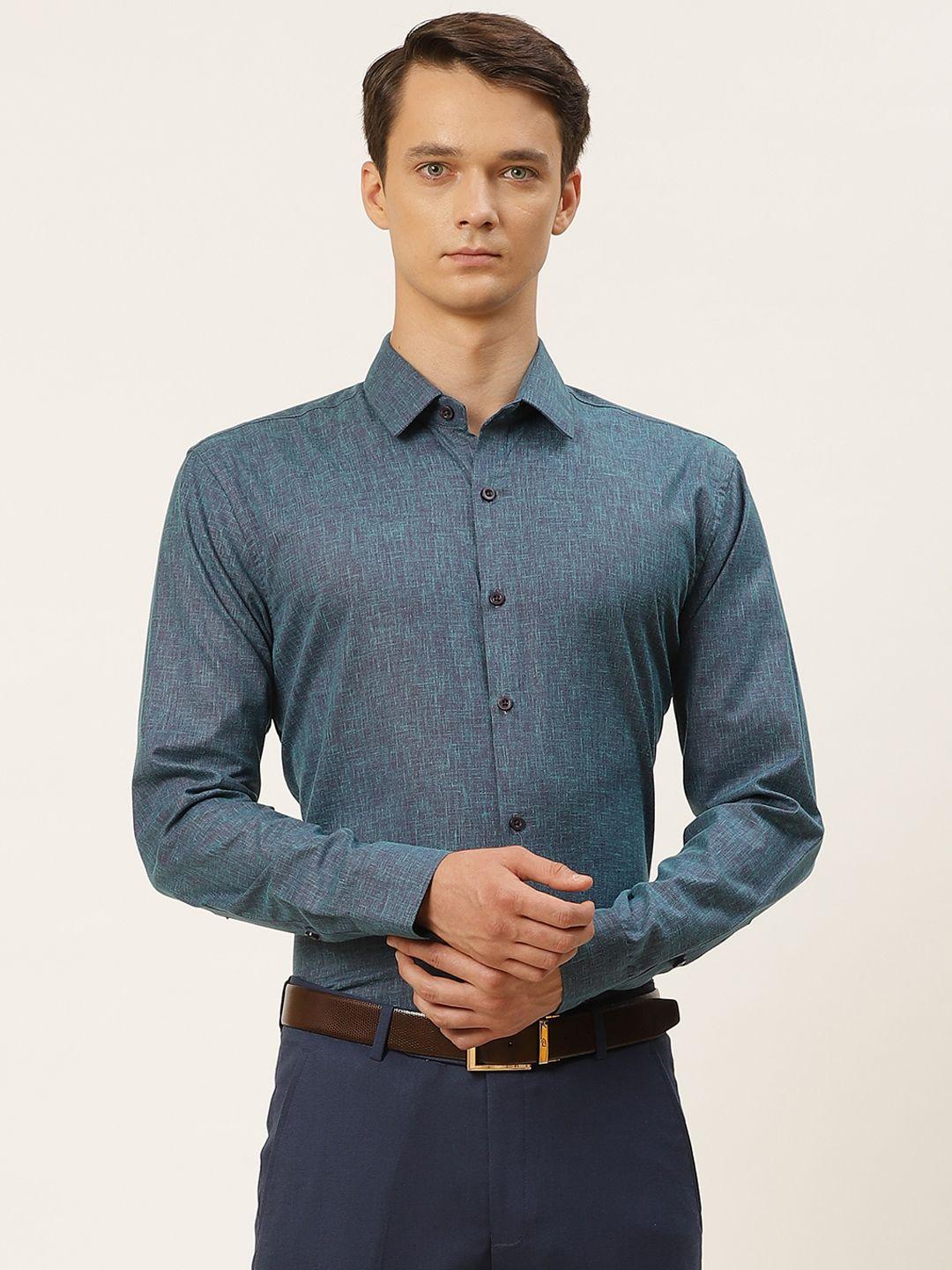 sojanya men teal blue self-design classic fit formal shirt