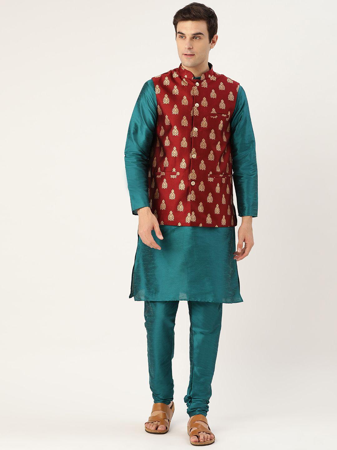 sojanya men teal green & maroon solid kurta with churidar & nehru jacket