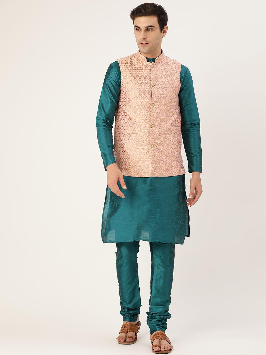 sojanya men teal green & pink solid kurta & churidar with woven design nehru jacket