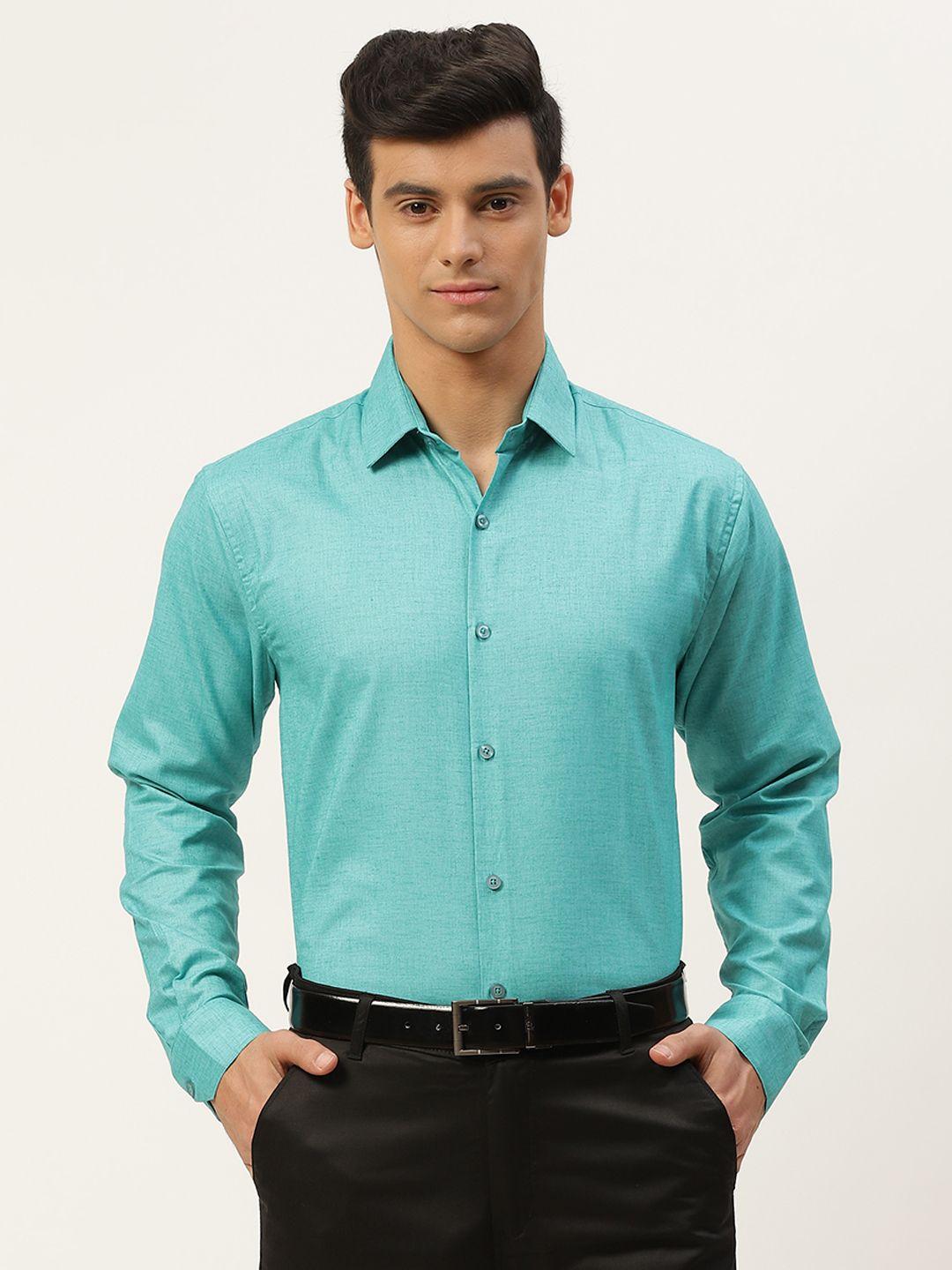 sojanya men turquoise blue solid classic formal shirt