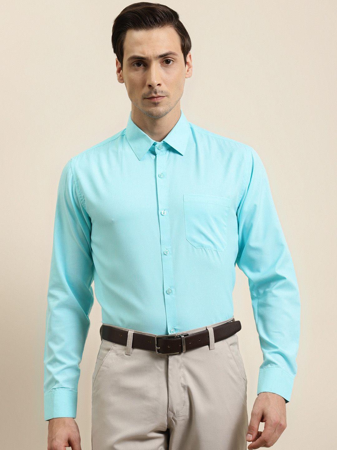 sojanya men turquoise blue solid classic regular fit cotton formal shirt