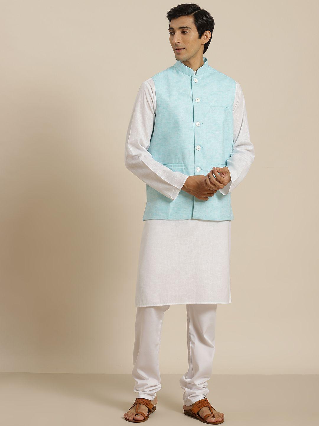 sojanya men white & blue solid regular kurta with churidar & nehru jacket