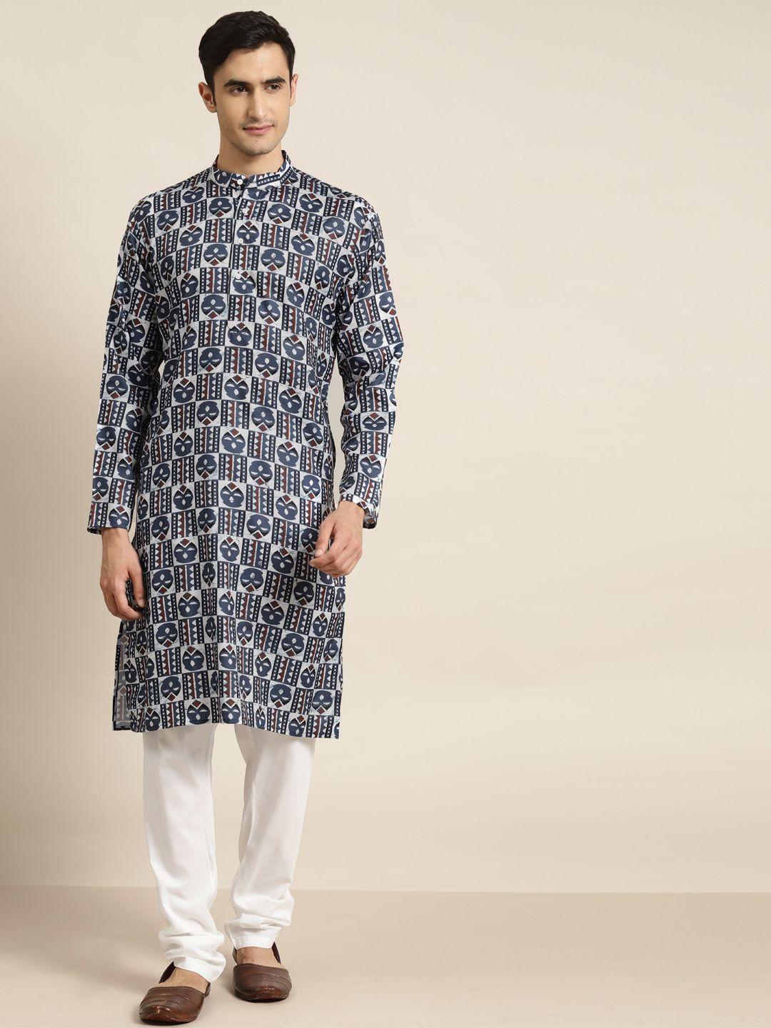 sojanya men white & navy blue pure cotton printed kurta with churidar