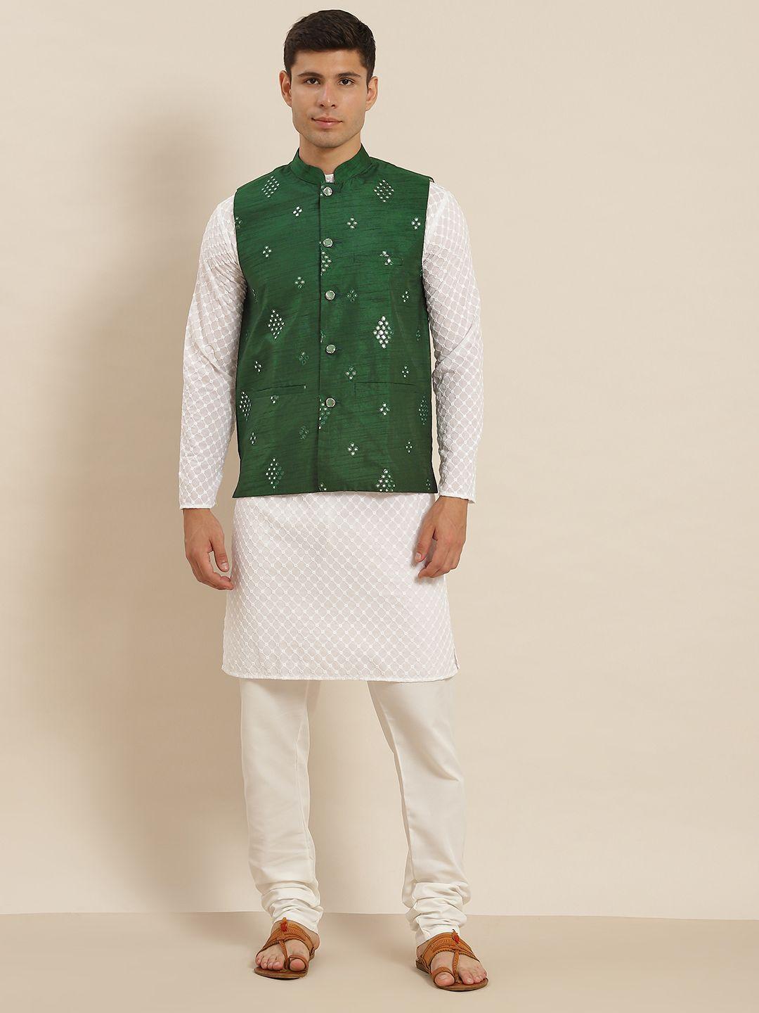 sojanya men white embroidered pure cotton kurta with churidar & nehru jacket