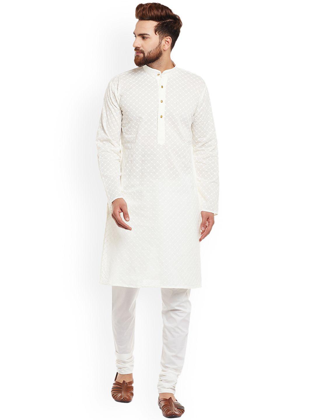 sojanya men white self design kurta with churidar