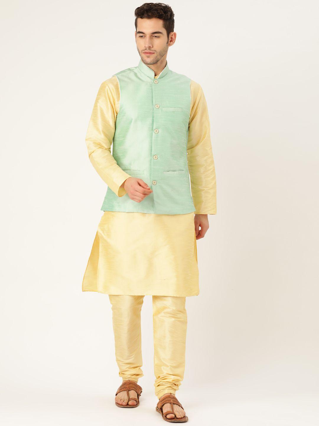 sojanya men yellow & sea green solid kurta set with nehru jacket