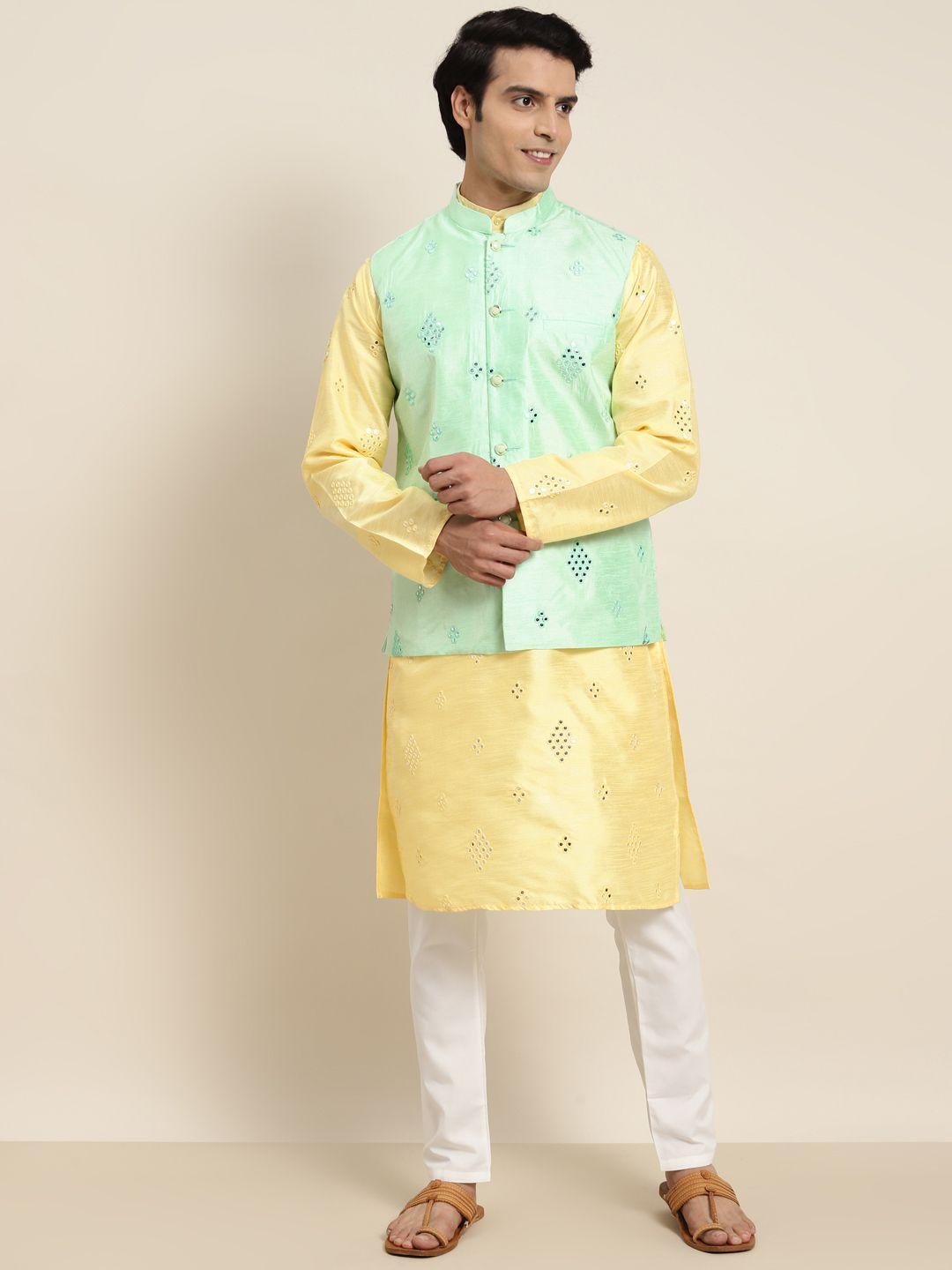 sojanya men yellow embroidered mirror work kurta with pyjama with nehru jacket