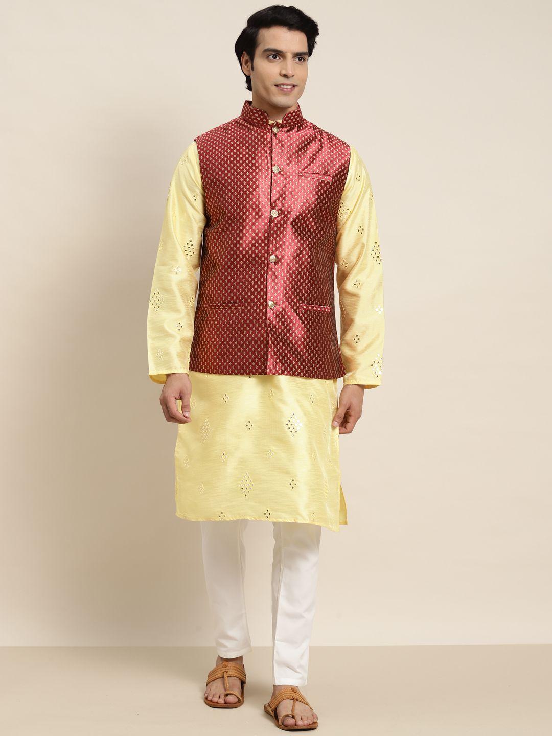 sojanya men yellow embroidered mirror work kurta with pyjamas with nehru jacket