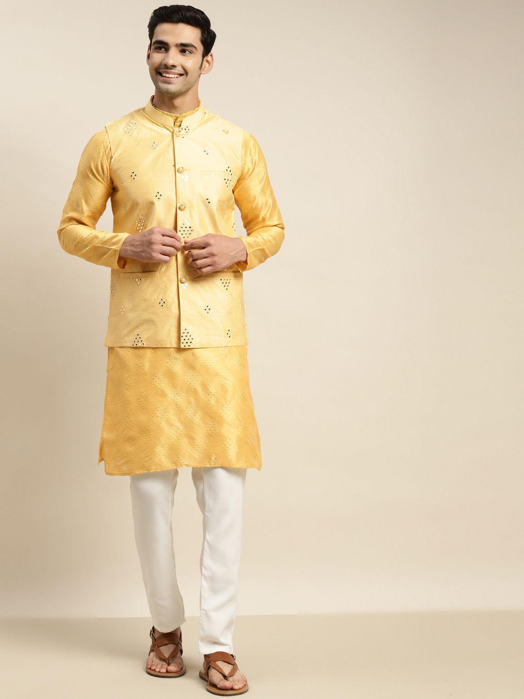 sojanya men yellow mirror work kurta with churidar with nehru jacket