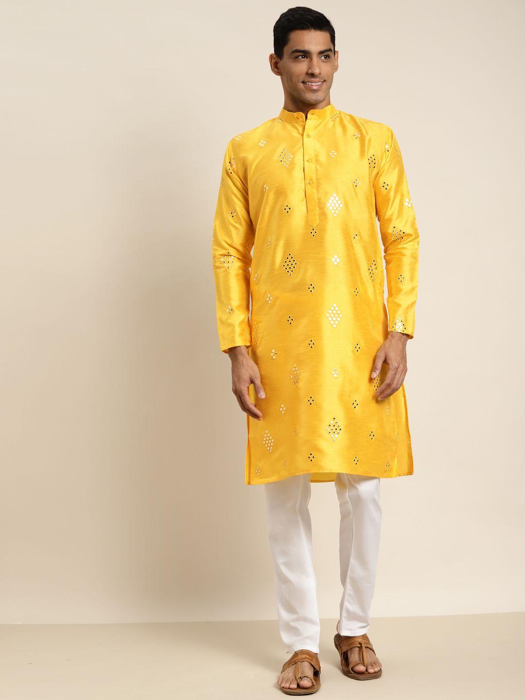 sojanya men yellow mirror work kurta with churidar