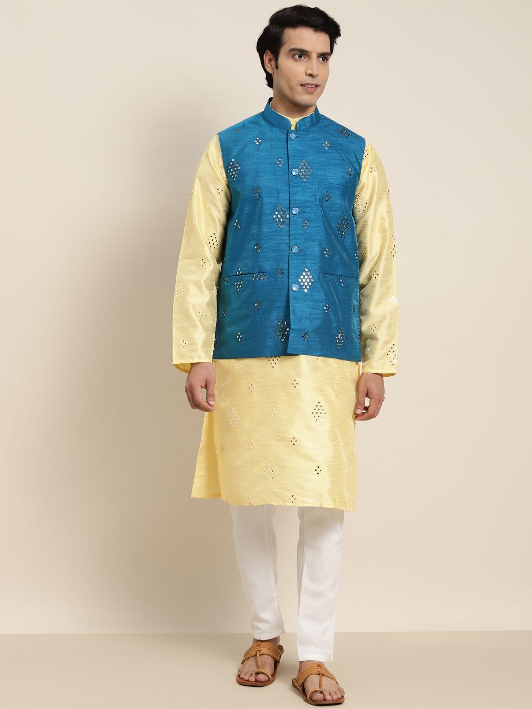 sojanya men yellow mirror work kurta with pyjamas & nehru jacket