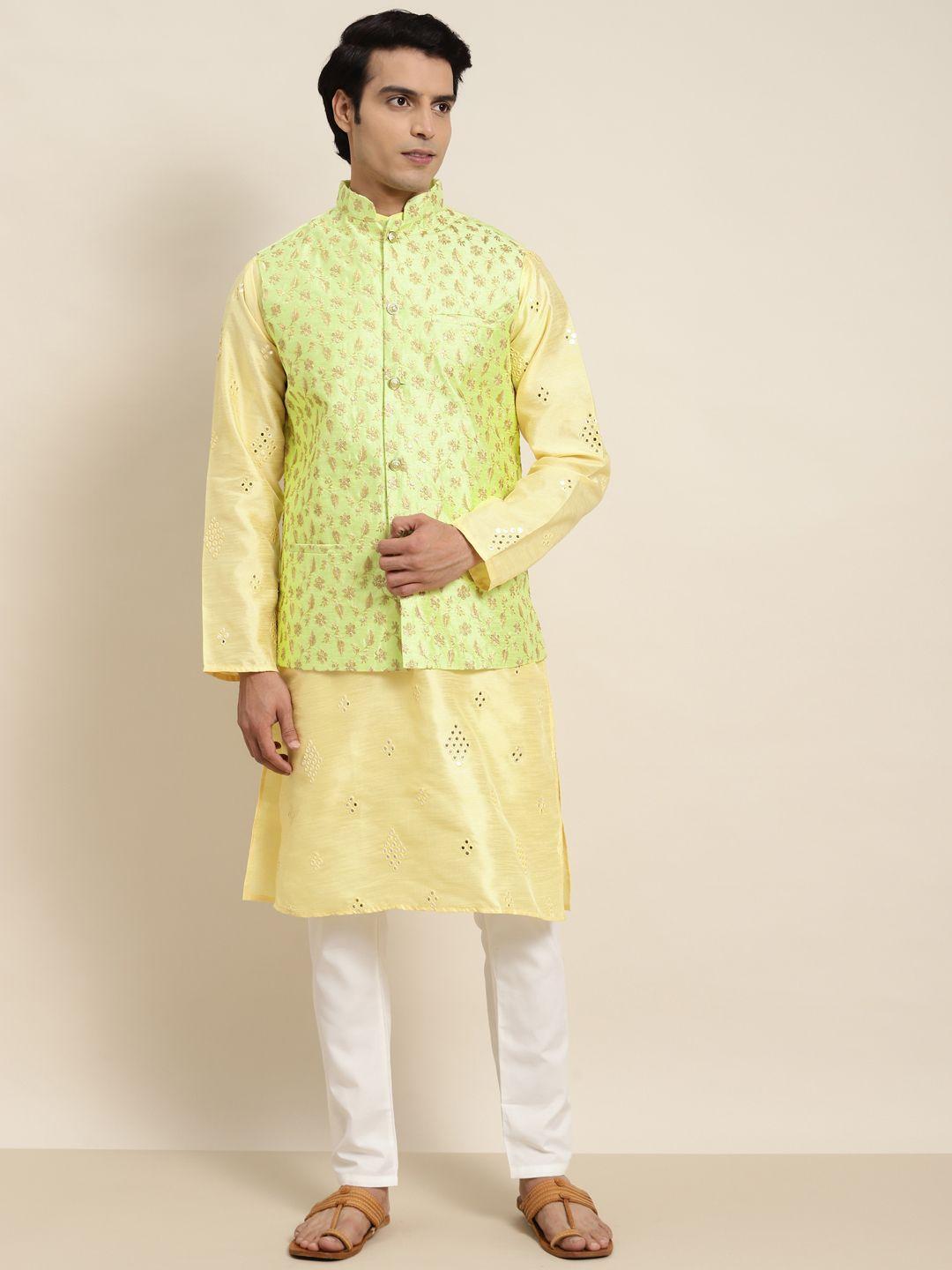 sojanya men yellow mirror work kurta with pyjamas & nehru jacket