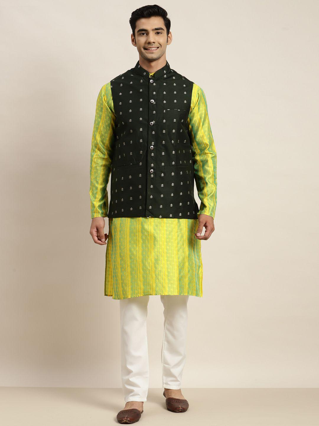sojanya men yellow printed kurta with pyjamas & nehru jacket