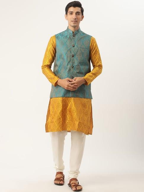 sojanya mustard regular fit self pattern kurta set with jacket