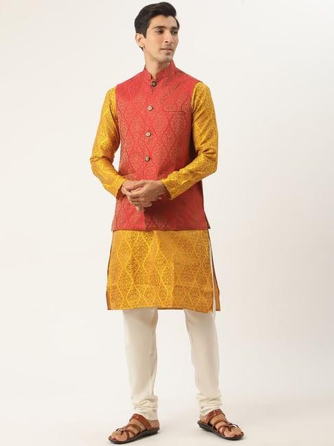 sojanya mustard regular fit self pattern kurta set with jacket