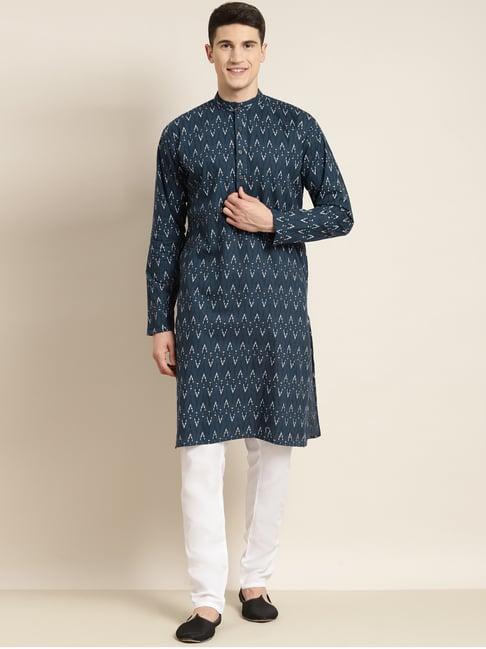 sojanya navy cotton regular fit printed kurta