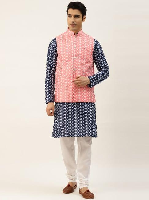 sojanya navy regular fit embroidered kurta set with jacket